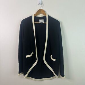 Edward Achour Paris Black Open Front Wool Preppy Cardigan Sweater Women's US 8